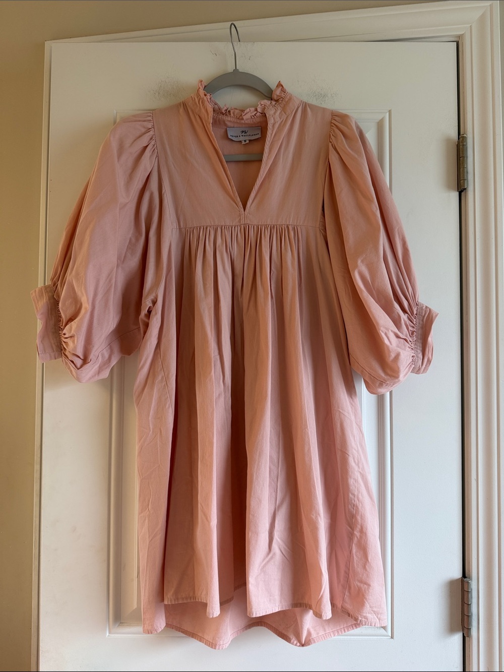 NEVER A WALLFLOWER Blush Pink Ruffle Neck Puff-Sleeve Mini Dress S Retail $288
